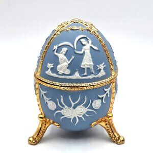 Vintage San Francisco Music Box Co Blue Jasperware Gold Tone Velvet Trinket Box